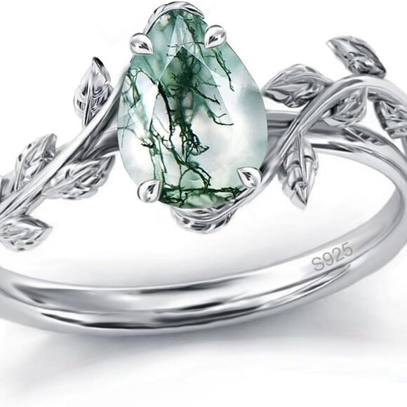 Natural Moss Agate Ring 925 Sterling Silver Opal Birthstone Ring 925 Sterling Si
